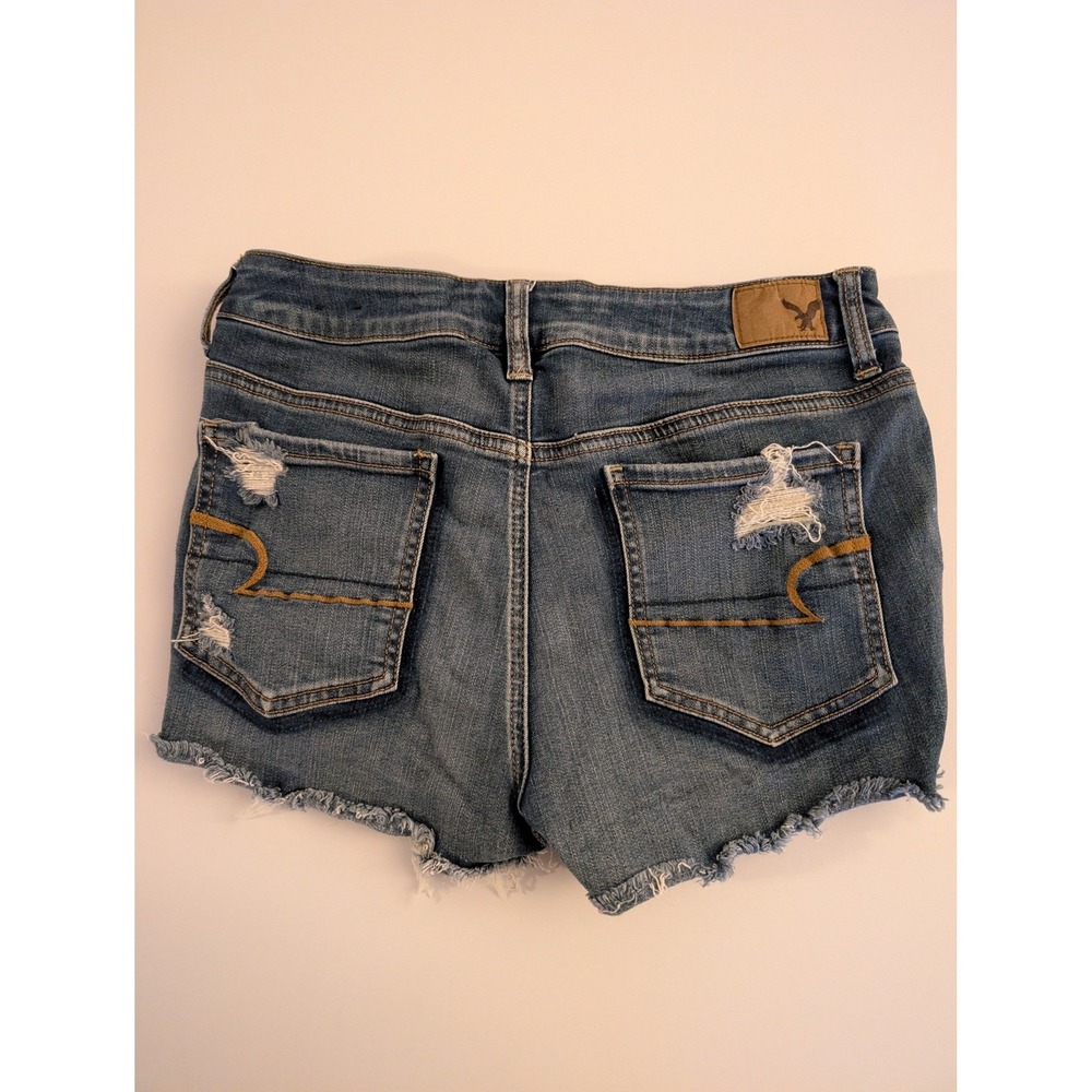 American Eagle Size 10 Hi-Rise Shortie Distressed Denim Shorts Blue Stretch - Picture 7 of 9